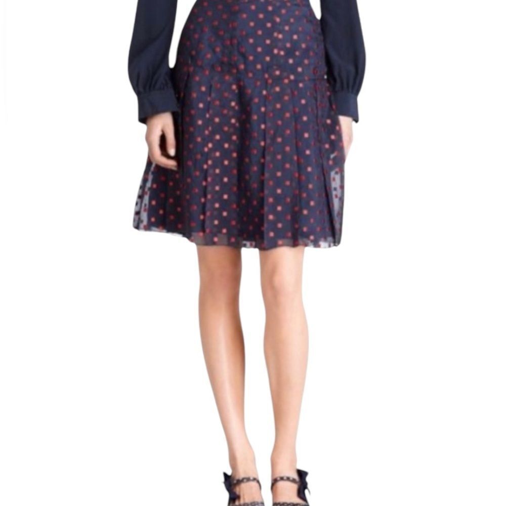 Tory Burch Pleated drop-waist skirt, navy blue red, dark academia embroidered